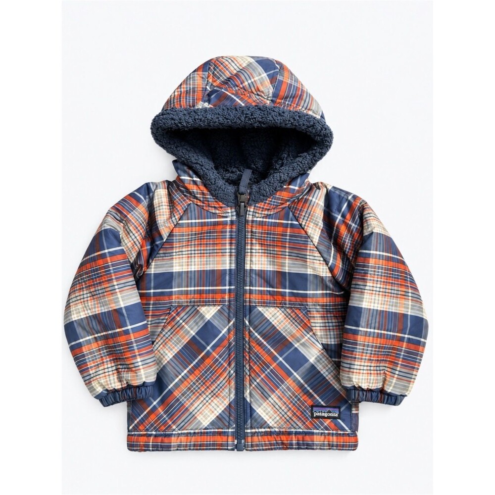 Patagonia Hooded Jacket Baby 12M Reversible Fleece Plaid Blue Orange Cabincore